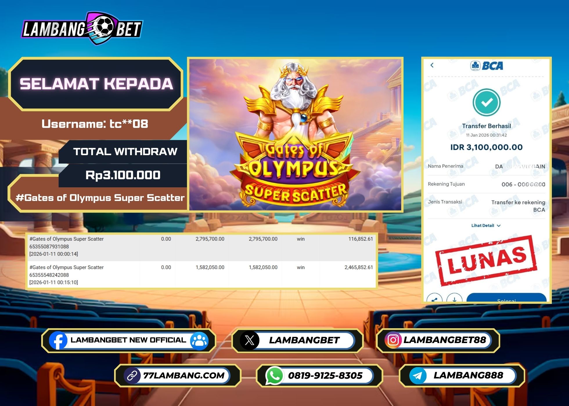 LAMBANGBET [11 JANUARI 2025] JACKPOT SLOT Gates of Olympus Super Scatter "Rp3.100.000" LUNAS